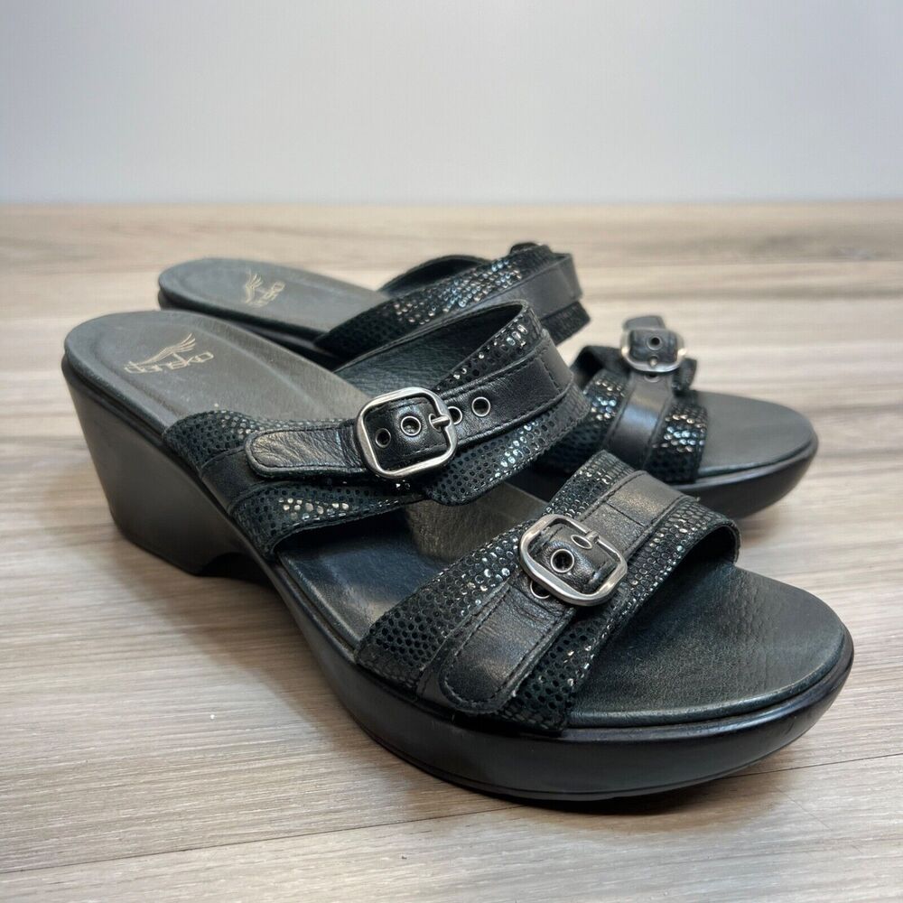 Dansko Wedge Sandals Jessie Size 40 9.5-10 Black Lizard Leather Slip On Buckle